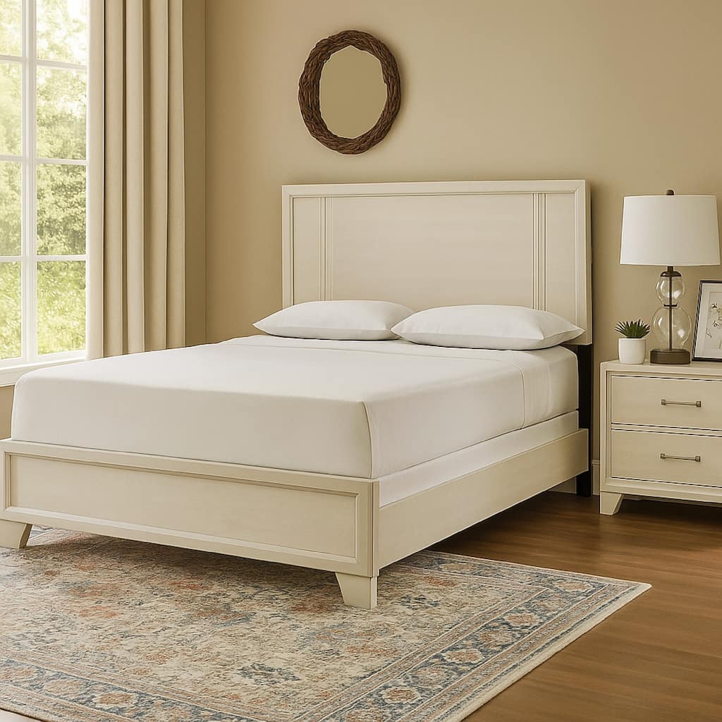 Charie Queen Bed with Panel-Style Headboard, Tapered Legs, White Wood