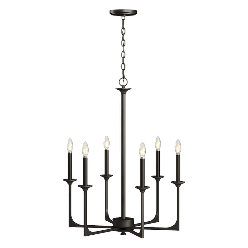 6-Light Matte Black Modern Chandelier, Height Adjustable Pendant, Kitchen, Living Room, Bedroom and Entryway