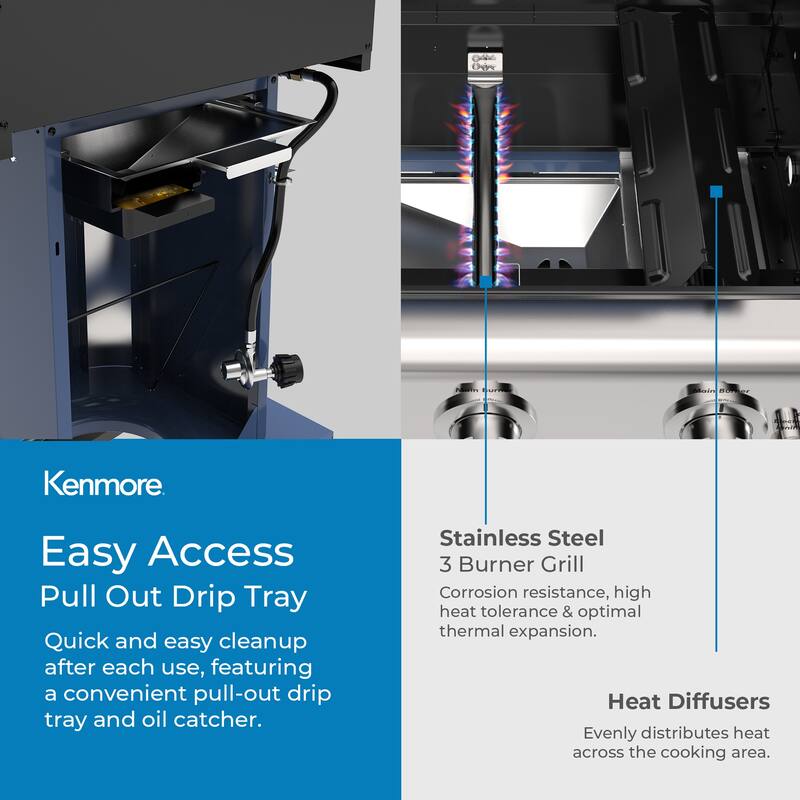 Kenmore 3-Burner Propane Gas Grill with Foldable Side Shelves