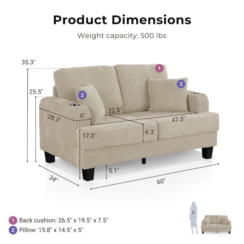 DH BASIC Modern Chenille Loveseat with Cup Holders and Side Pockets by Denhour