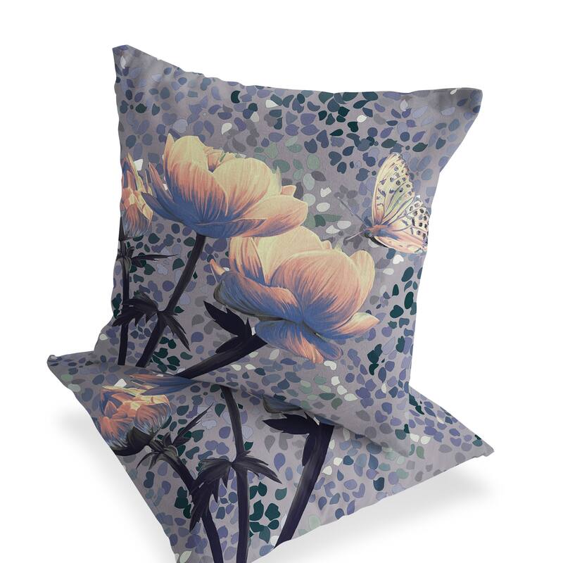 HomeRoots Set of Two 16" X 16" Gray and Yellow Butterfly Blown Seam Floral Indoor Outdoor Throw Pillow