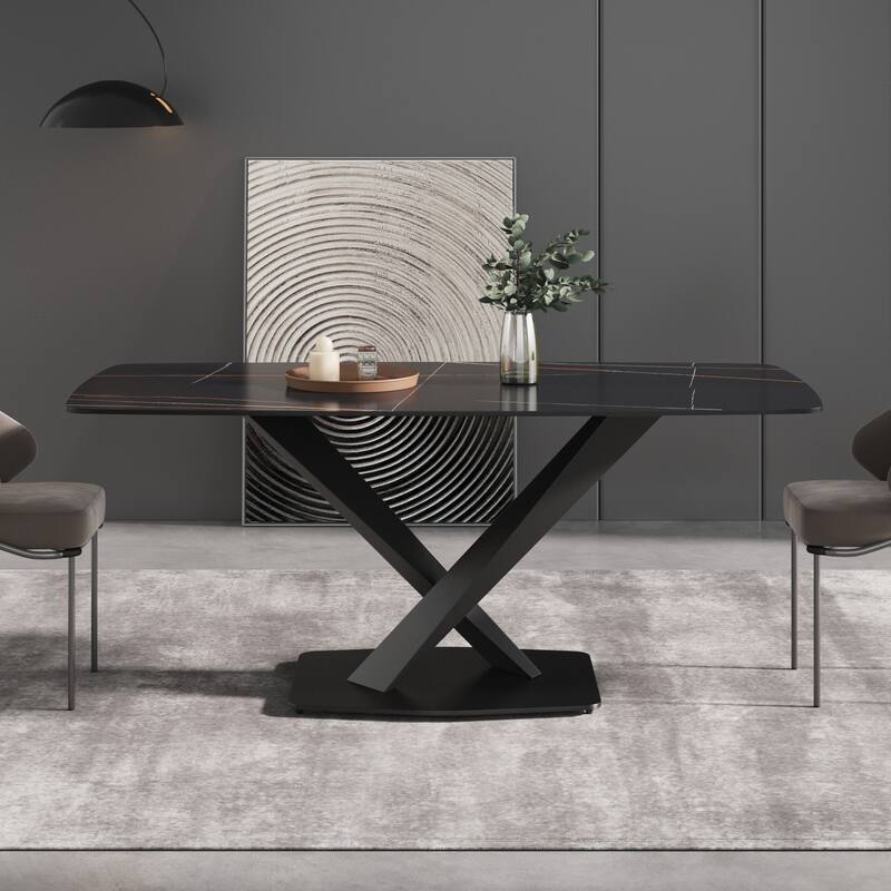 71"Marble Sintered Stone Dining Table with X-Shape Carbon Steel Pedestal