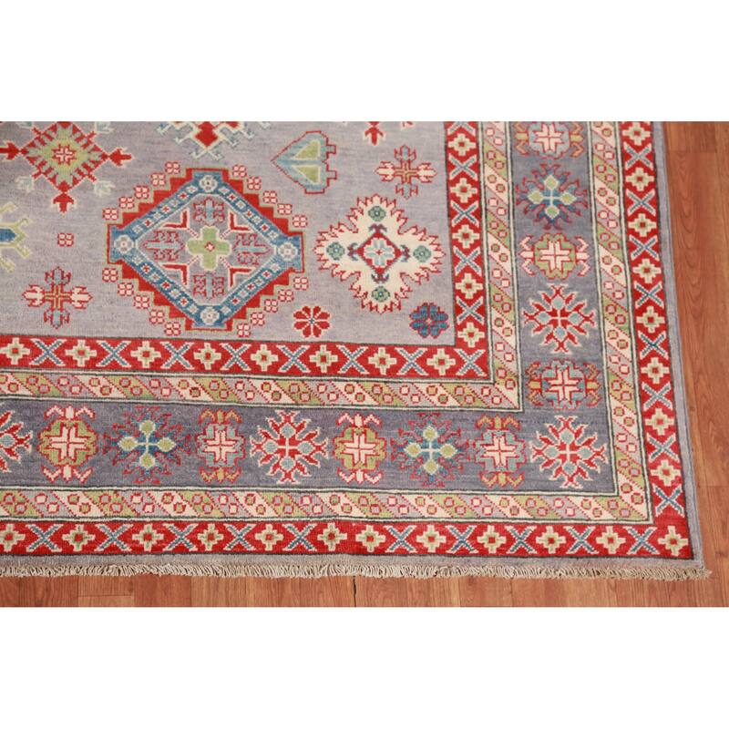 Hand Knotted Oriental 100% Wool Carpet Traditional Geometric Greys & Charcoal Kazak Area Rug - 9' 9'' X 8' 2''