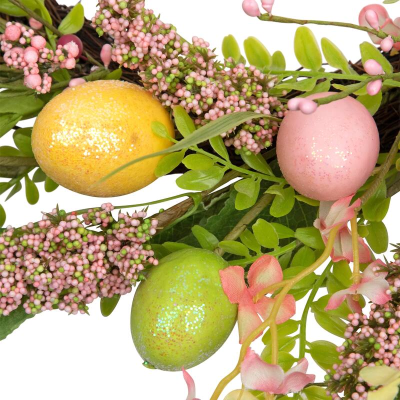 Glittered Eggs, Hibiscus and Berries Artificial Easter Twig Wreath - 20" - Pink and Green