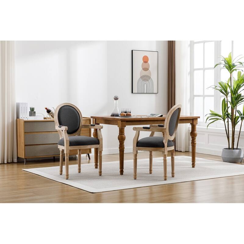 Grondin Mid-Century Modern Style French Country Dining Chair Set of 2, Kind Louis Back Linen Upholstered Accent Armchair