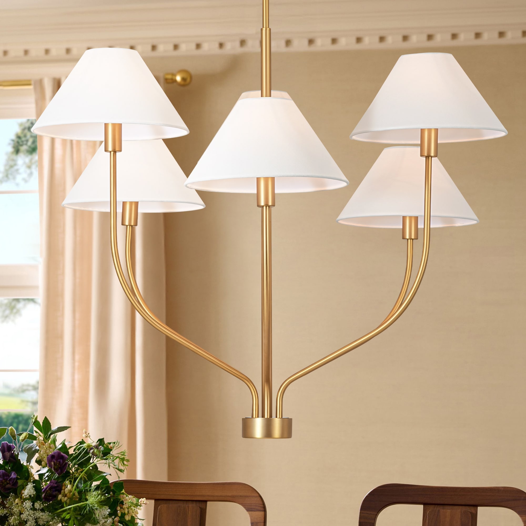 6-Light Modern Gold/Matte Black Sputnik Staggered Large Chandelier with Cone White Fabric Shade