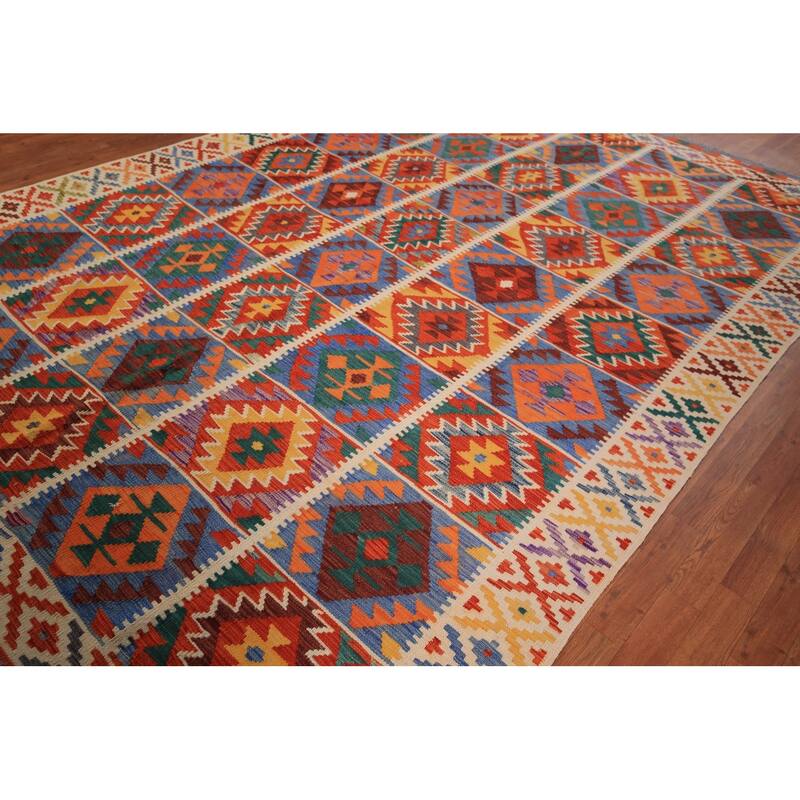 Geometric Kilim Reversible Area Rug Hand-Woven Wool Carpet - 8'0" x 11'10"