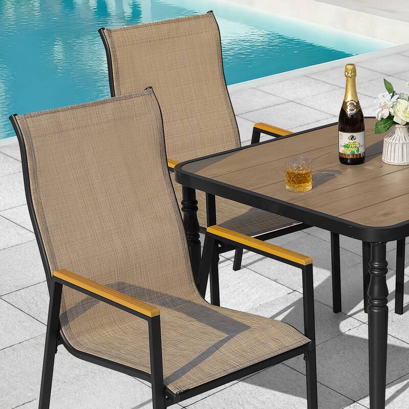 5-Piece Textilene Patio Dining Set with Umbrella Hole, Stackable Design