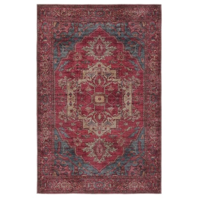 Gloria Machine Washable Medallion Red/ Blue Area Rug