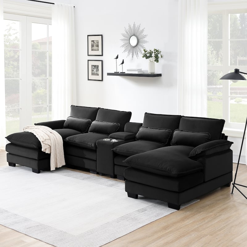 123*55" Modern U-shaped Sofa with Console,Cupholders and USB Ports, Upholstered ,Sleeper Couch Set with Chaise