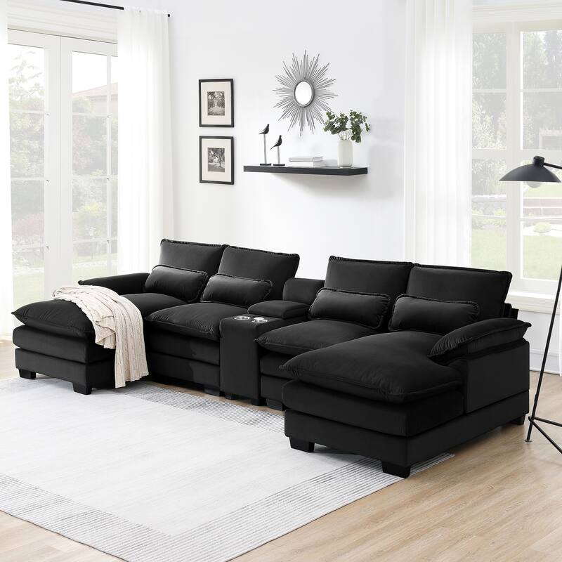 6-Seat U-Shaped Sofa with Console, Cupholders & USB Ports, Chenille Upholstery, 123"