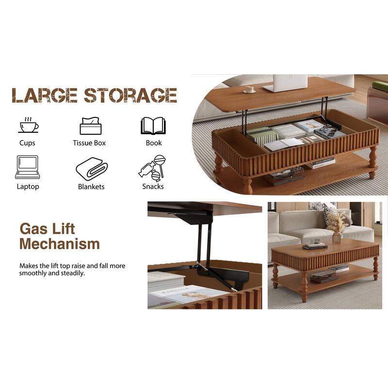 47.24" Lift Top Coffee Table with Storage - Solid Wood Modern Desk with Fluted Columns for Small Living Room