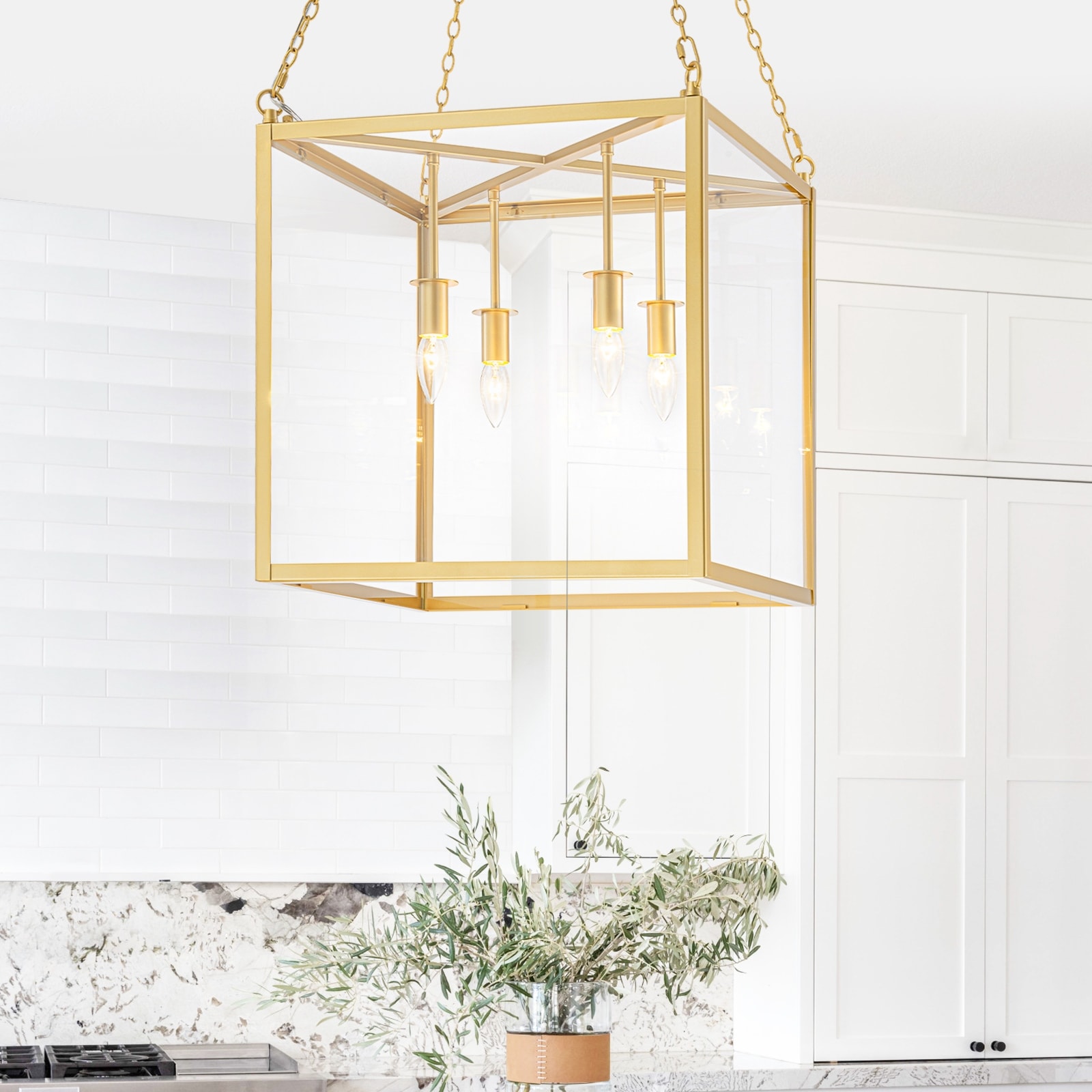 4-Light Gold Lantern Pendant Chandelier with Clear Glass Panels - W 18.11-in