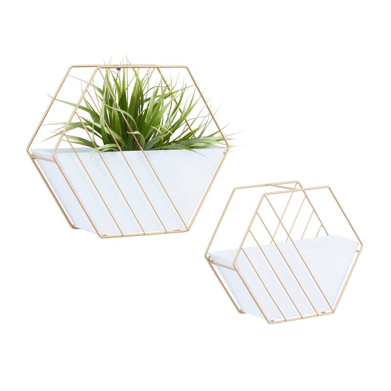 White Metal Indoor Outdoor Hanging Geometric Indoor Outdoor Wall Planter (Set of 2) - S/2 10", 9"H