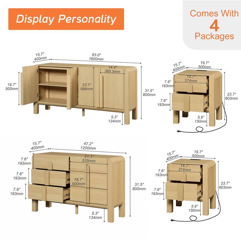 WAMPAT 4 Pcs Bedroom Set,6 Drawer Dresser And Nightstand Sets For Bedroom, Night Stand Set Of 2, Modern Accent Chest