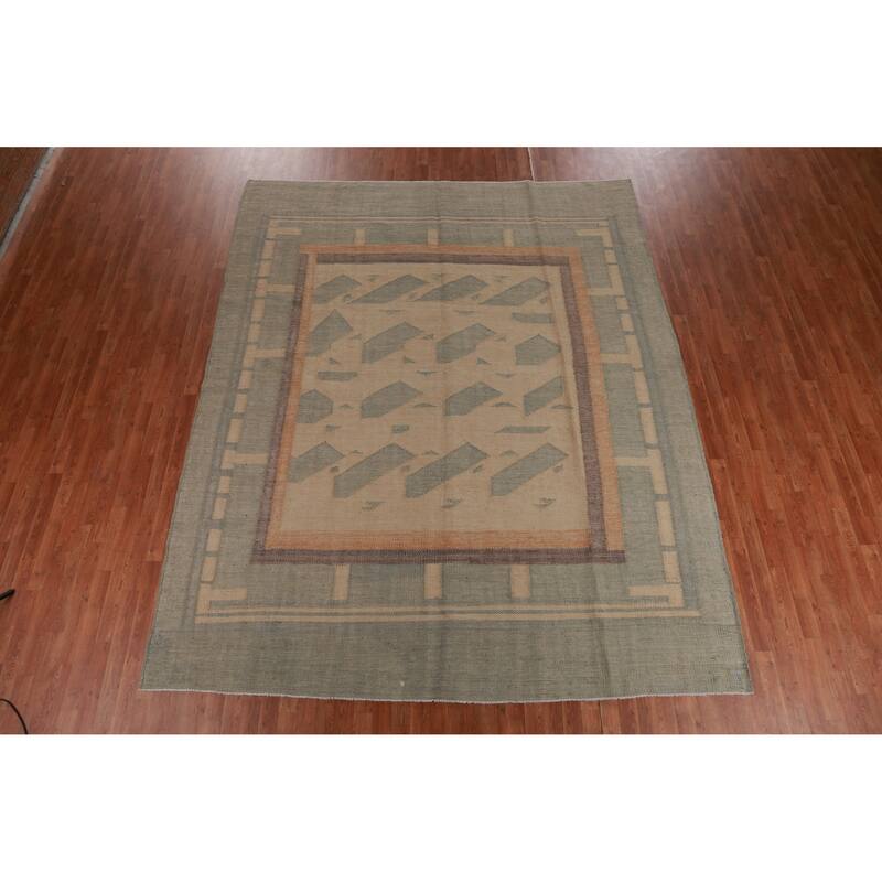 Hand Woven Oriental 100% Jute Carpet Southwestern Modern Beige & Ivories Kilim Area Rug - 11' 4'' X 9' 3''