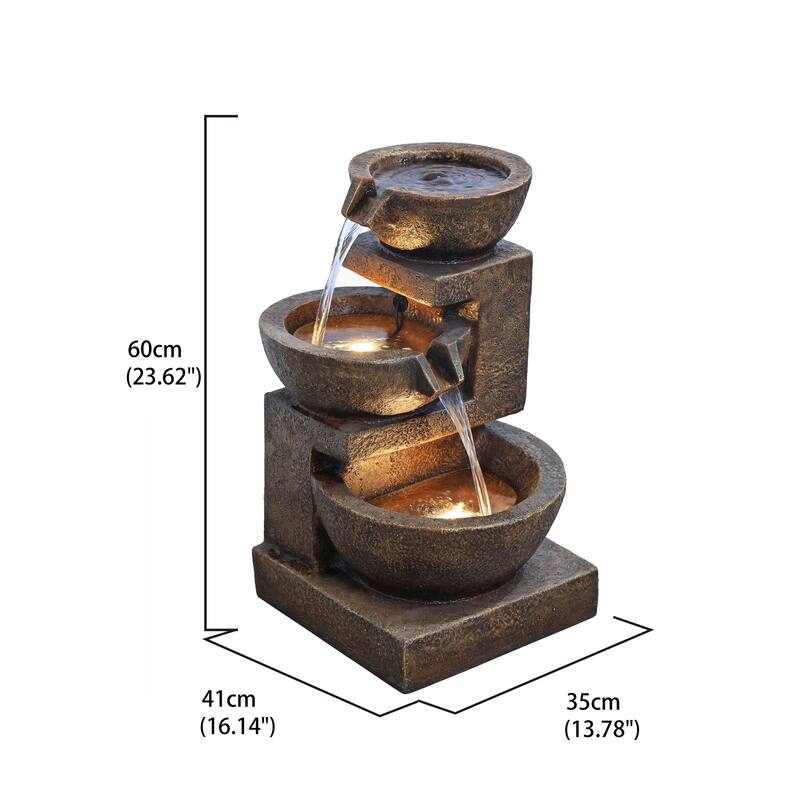 Cascading Bowl Fountain with Dual Warm White LEDs - Brown