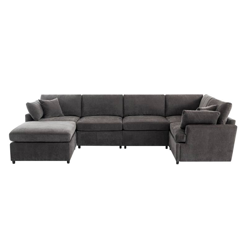 Grey 100.4'' U-Shaped 6-Seat Sectional Sofa with Removable Ottomans and Pillows, Easy-Clean Cushions for Living Room