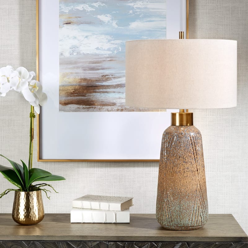 Embossed Ceramic Table Lamp with Drum Shade - 29"