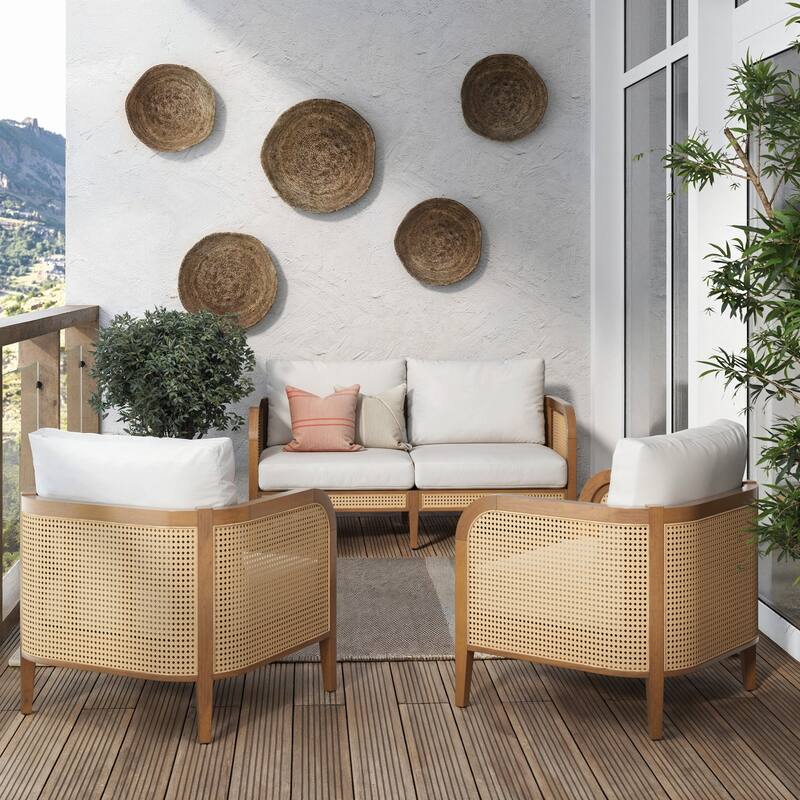 Twila Bohemian Outdoor Upholstered Rattan Patio Seating with Solid Wood Frame
