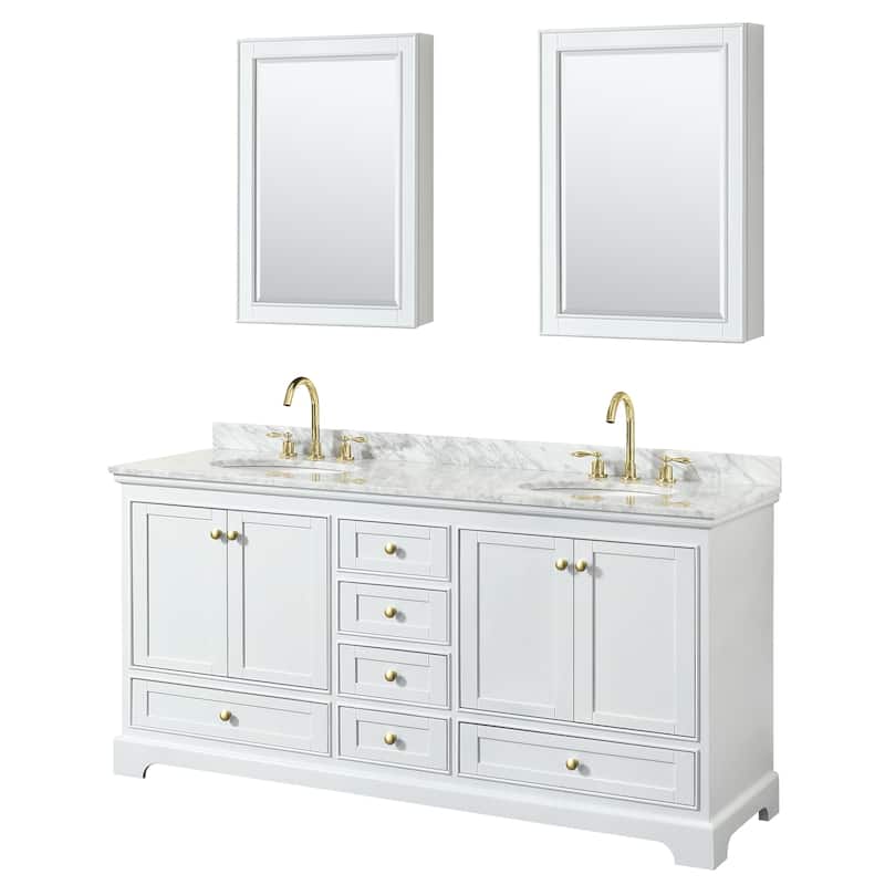 Deborah 72-inch Double Vanity, Oval Sinks, Medicine Cabinets - White, Gold Trim, White Carrara Marble Top