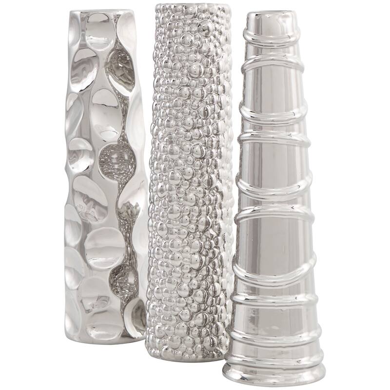 CosmoLiving by Cosmopolitan Sleek Ceramic Glam Vase with Varying Patterns (Set of 3) - Silver, Gold, Dark Blue, White