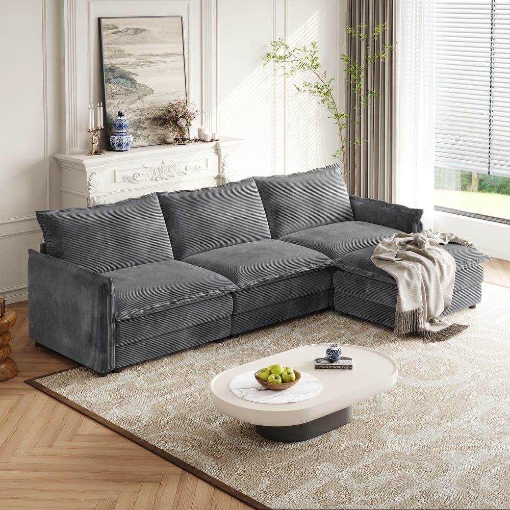 Corduroy Modular Deep Seat Couch L-shaped Sectional Sofa with Ottoman