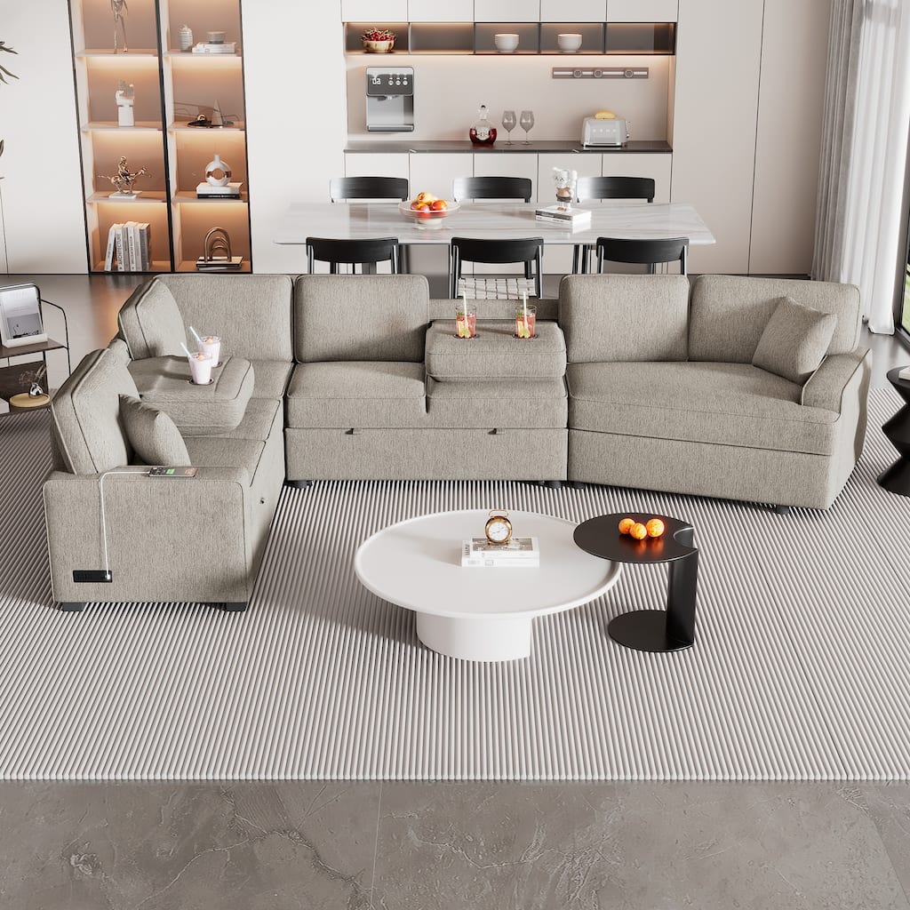 126" L-shaped Sofa Bed with Charging & Cup Holders, Beige Chenille for Living Room
