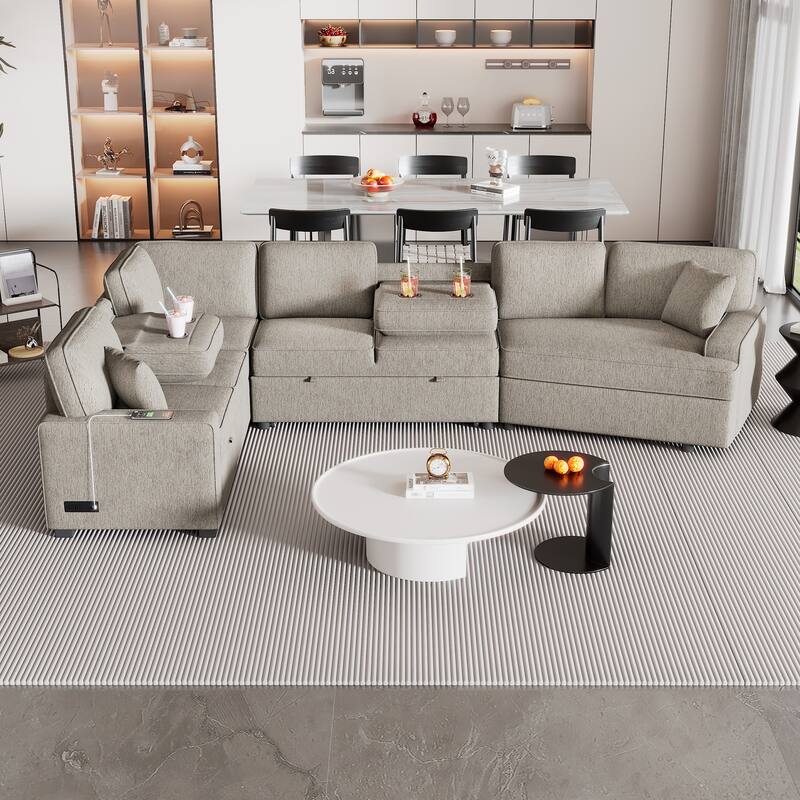 Beige 126" L-Shaped 6-Seat Sectional Sofa with Pull-Out Bed and USB Charging Ports, Includes Drop-Down Cup Holders - Beige