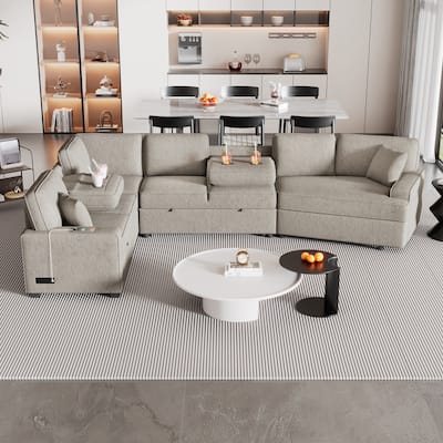 Beige 126" L-Shaped 6-Seat Sectional Sofa with Pull-Out Bed and USB Charging Ports, Includes Drop-Down Cup Holders