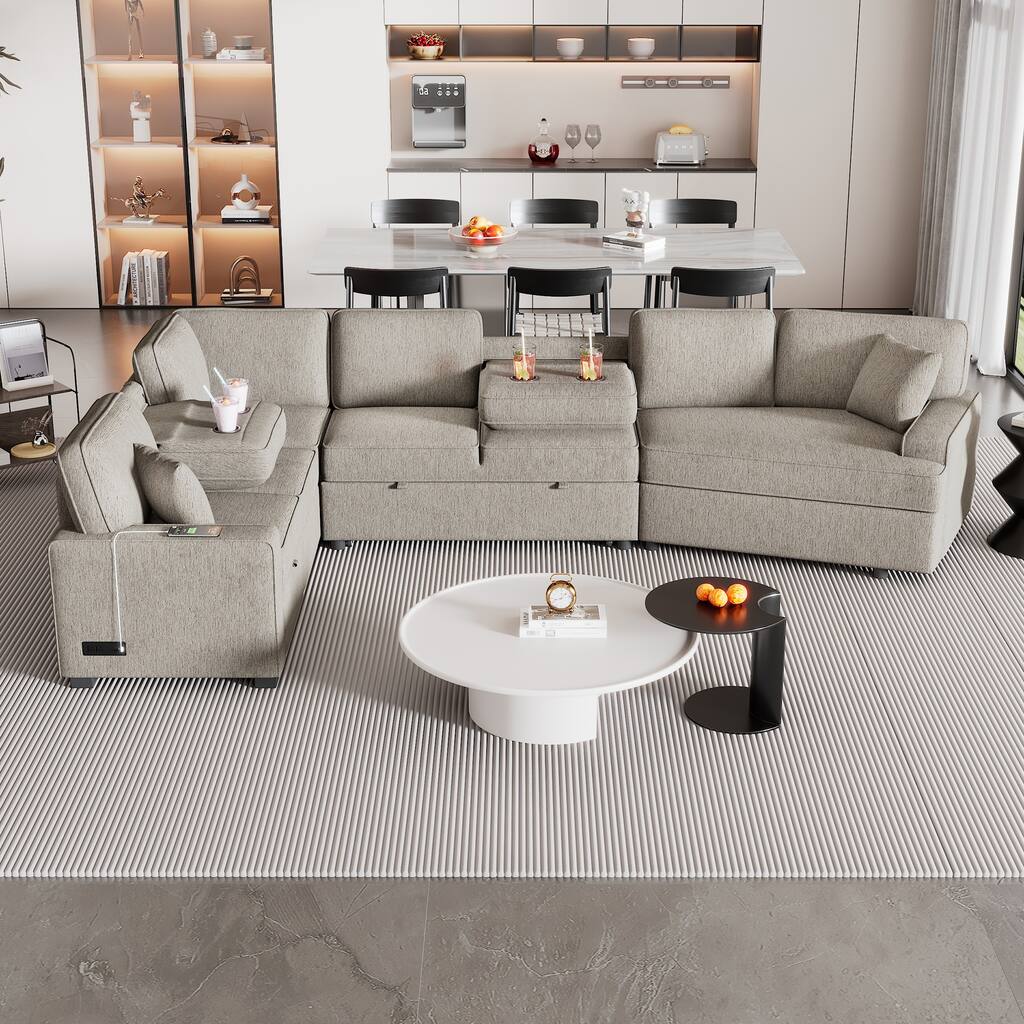 Beige 126" L-Shaped 6-Seat Sofa with Pull-Out Bed and USB Ports