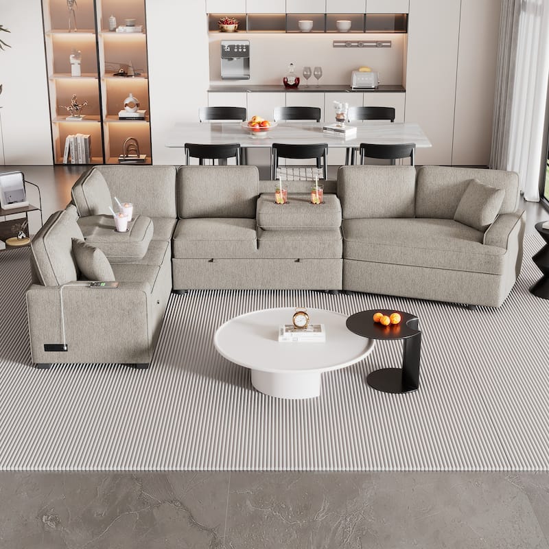 Modern 126" L-Shaped Sofa with Sleeper Bed, Cup Holders, and Power Outlets - Beige