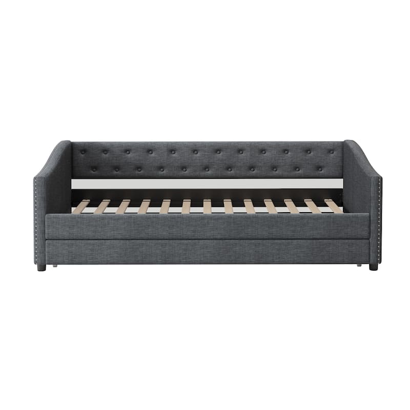 Twin Size Upholstered Tufted Daybed with Trundle and Copper Nail