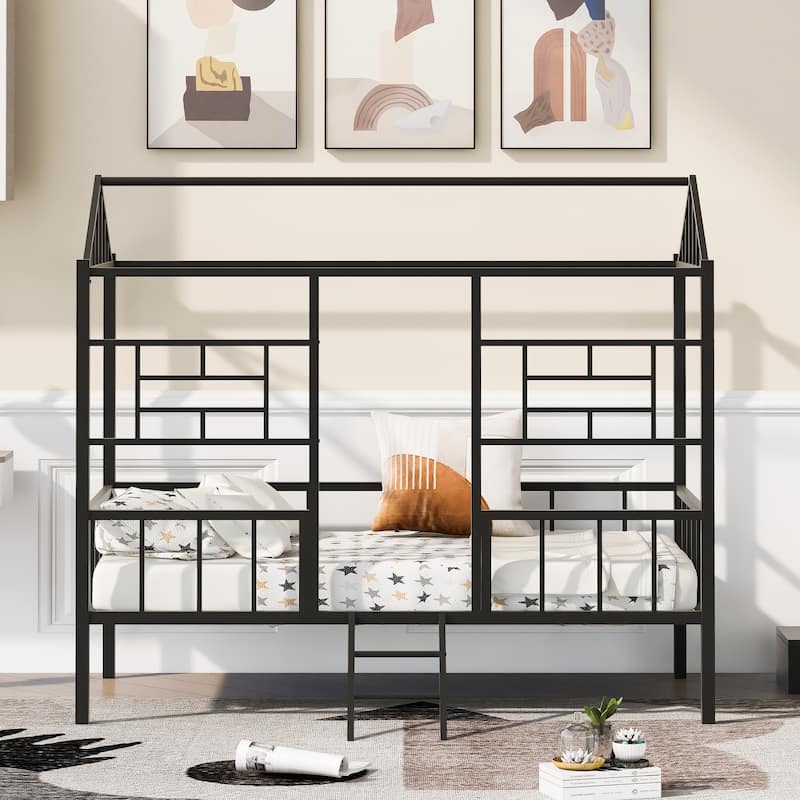 Black Twin Size Metal House Bed Frame with Slatted Support (No Box Spring Needed)