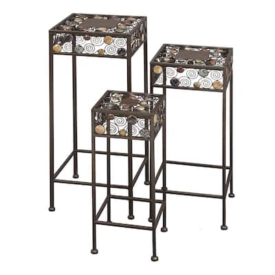 Metal Scroll 3 Tier Indoor Outdoor Plantstand with Colorful Jewels - Set of 3 Black - Roche River Decor