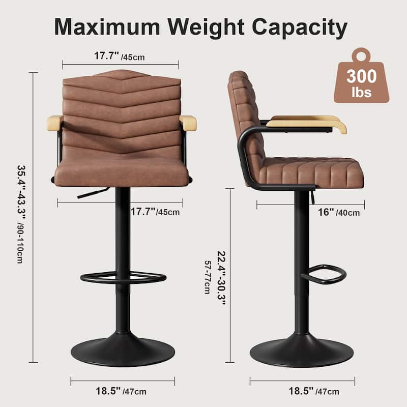 Javlergo 2-Piece & 4-Piece Adjustable Height Bar Stools Brown PU Leather with Armrests Arc Footrest Base for Kitchen or Bar