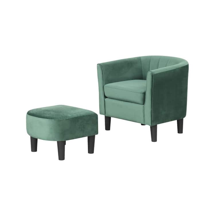 Modern Velvet Barrel Armrest Lounge Chair with Ottoman and Washable Cushion for Bedroom or Living Room - Green
