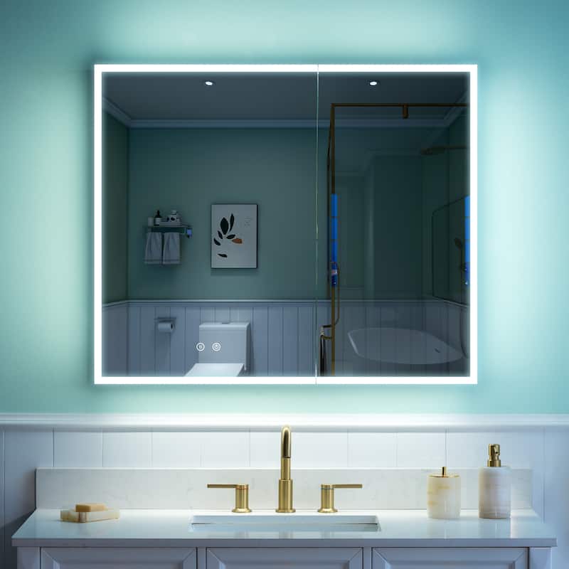 30'' H Recessed or Surface Frameless LED Mirror Cabinet With Defogger, Dimmer, Outlets & USB Ports  - 36"W X30"H,Both Side Open