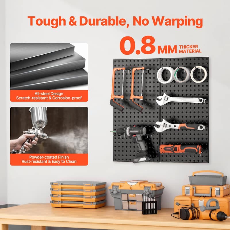 Black Steel Pegboard Panel, Rustproof for Garage Tool Storage