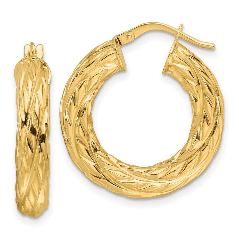 Curata 14k Yellow Gold Polished Woven Texture 4.75mm Round Hoop Earrings - 24.9x23.6mm