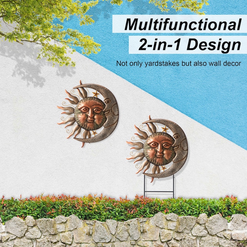 Glitzhome 36.25''H Metal Sun and Moon Wall Decor Yard Stake for Indoor and Outdoor