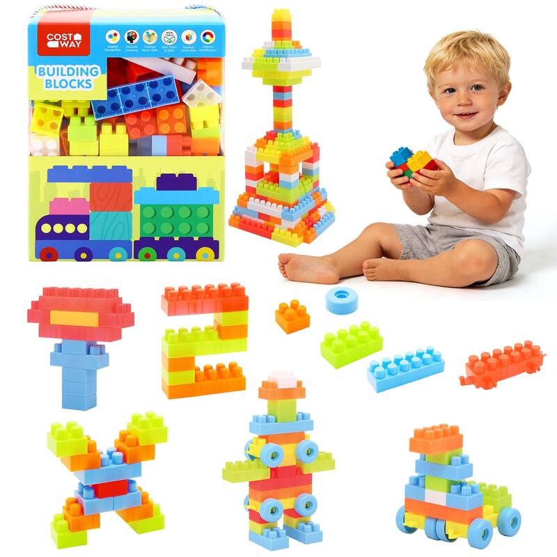 Gymax 150 Pcs Toddler Building Blocks Toy Stacking Block Set for 3+ - Multi - Kids
