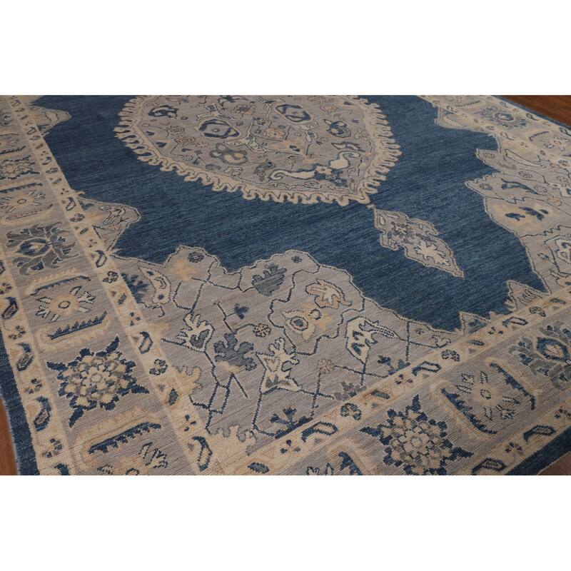 Blue Geometric Oushak Large Rug Hand-Knotted Wool Carpet - 9'10"x 13'10"