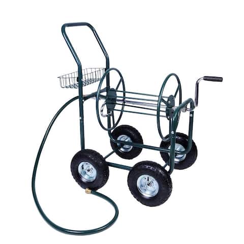 4 Wheels Heavy Duty Garden Metal Hose Reel Cart Gardening Water Planting with Storage Basket - 37 x 22 x 38 in