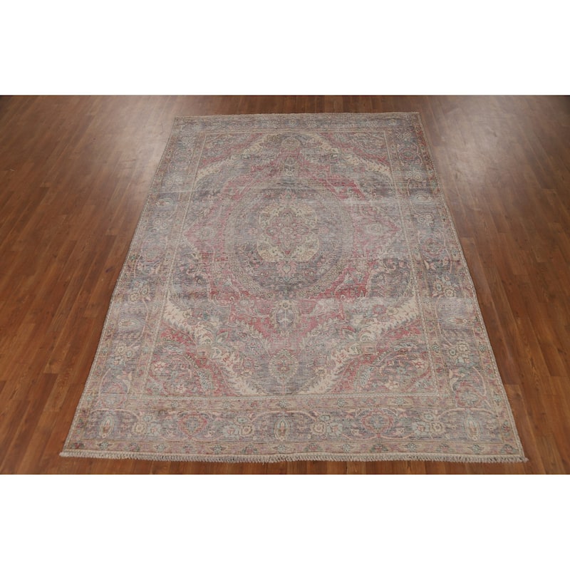 Tabriz Persian Vintage Area Rug Hand-Knotted Medallion Wool Carpet - 6'9" x 9'3"