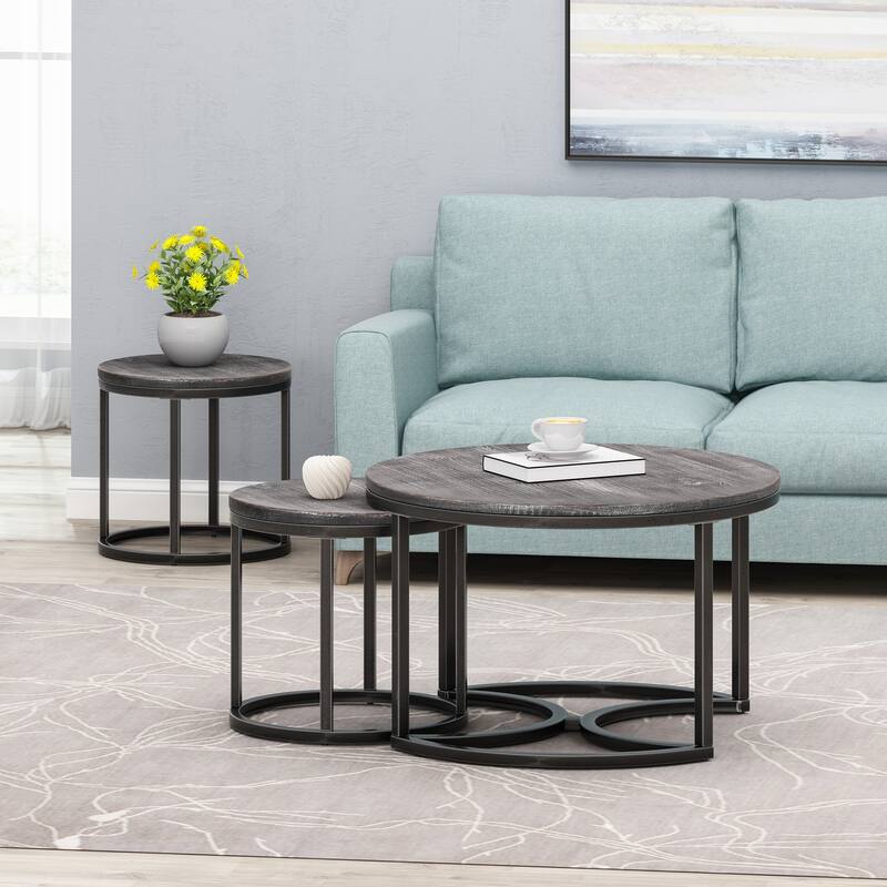 Roomfitters Modern Nesting Coffee Table Set, Rustic Wood Round Tops with Sturdy Metal Base, Space-Saving Design, Set of Three