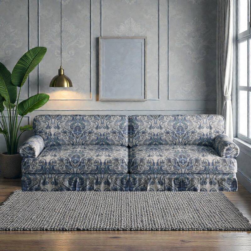 93.7" Luxury 4 Seater Cloud Couch with Extra Deep Seat, Fabric Sofa with Rolled Arms and Pleated Skirt - Blue