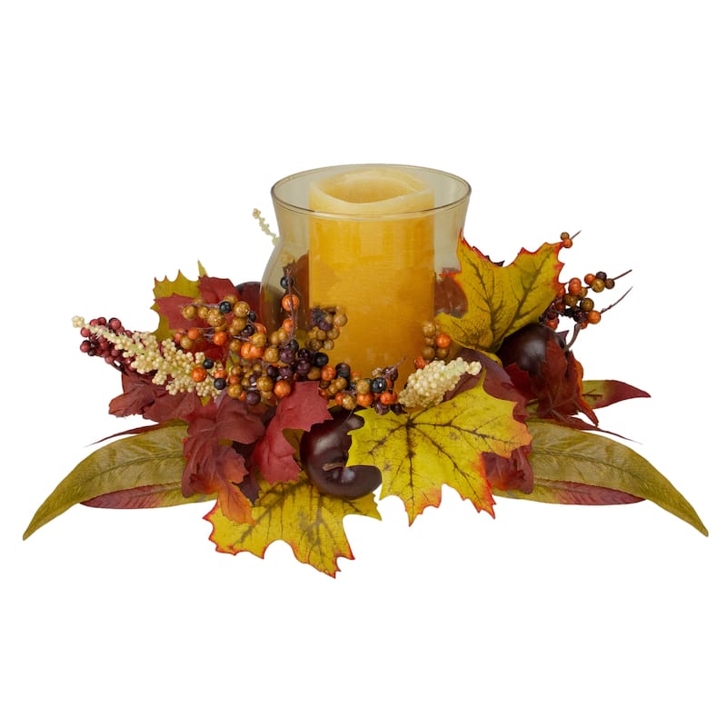 15" Fall Apple Berry Glass Hurricane Pillar Candle Holder Centerpiece