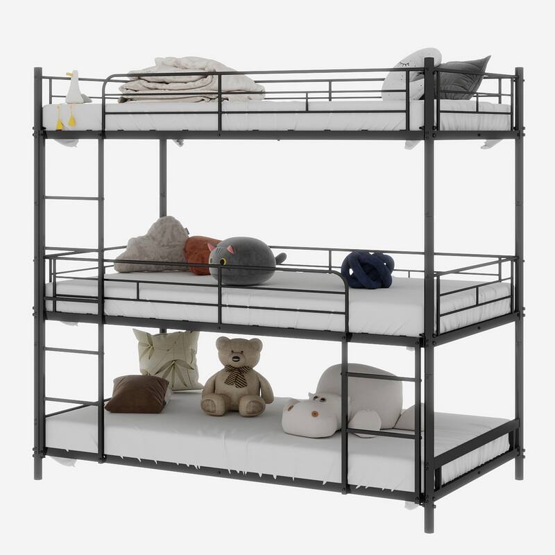 Heavy-duty triple frame bed with built-in ladder and full-length railing