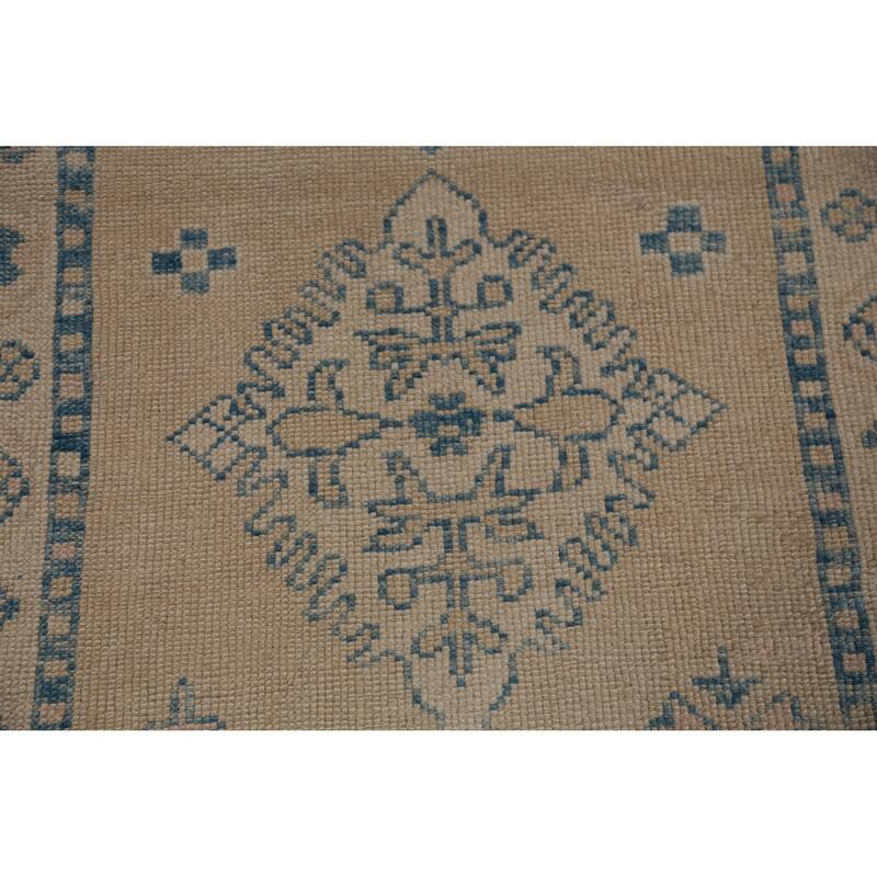 Hand Knotted Oriental 100% Wool Carpet Transitional Geometric Beige & Ivories Oushak Runner Rug - 14' 2'' X 3' 4''